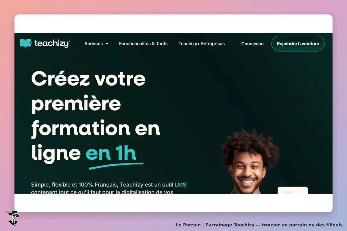 Teachizy : page d'accueil présentant la création de formations en ligne avec un homme souriant