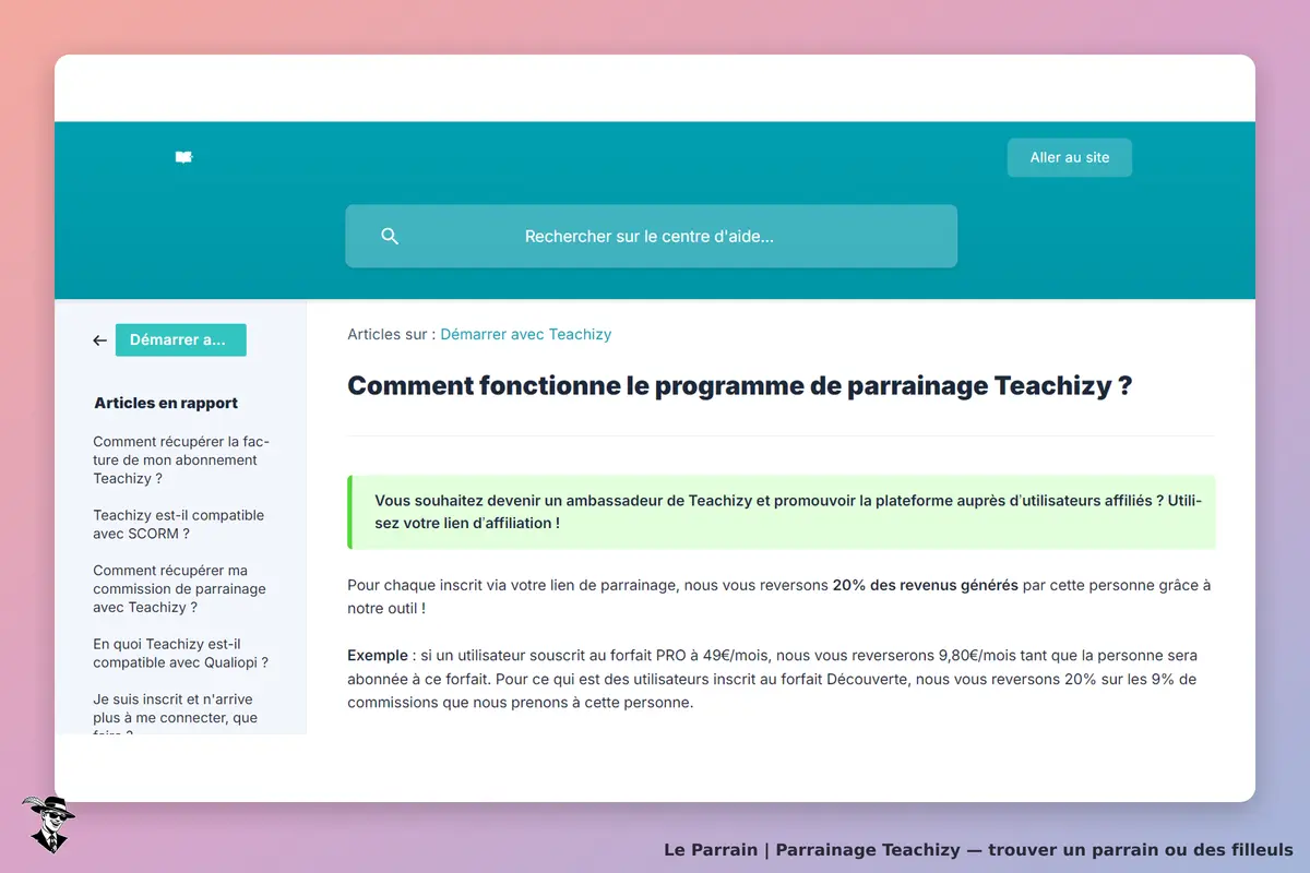 Teachizy : page d'accueil avec des articles sur le programme de parrainage et un formulaire de