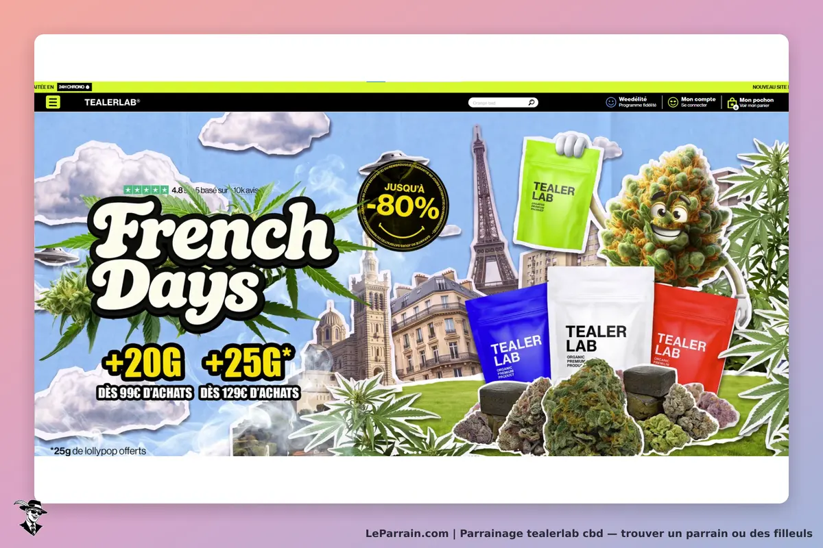 tealerlab cbd : tEALERLAB : page d'accueil avec produits, décor de Paris et éléments graphiques sur
