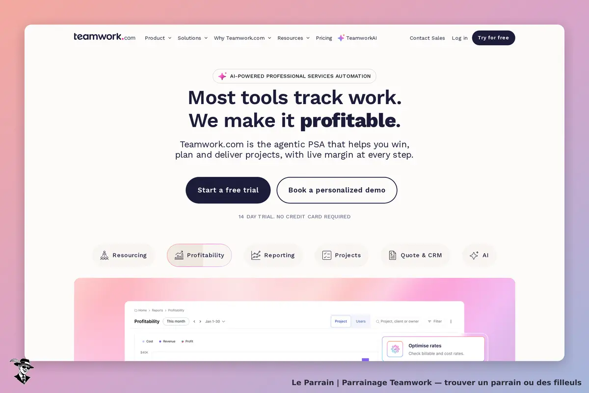 Teamwork : page d'accueil avec options de navigation et message sur la rentabilité des projets