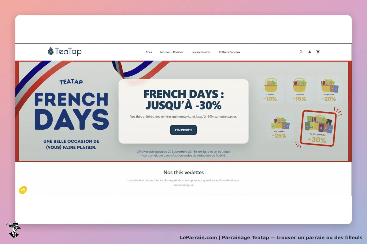 Teatap : page d'accueil avec promotion French Days et visuels de thés en réduction