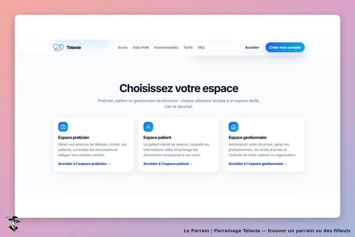 Télavie : page d'accueil avec options pour praticien, patient et gestionnaire