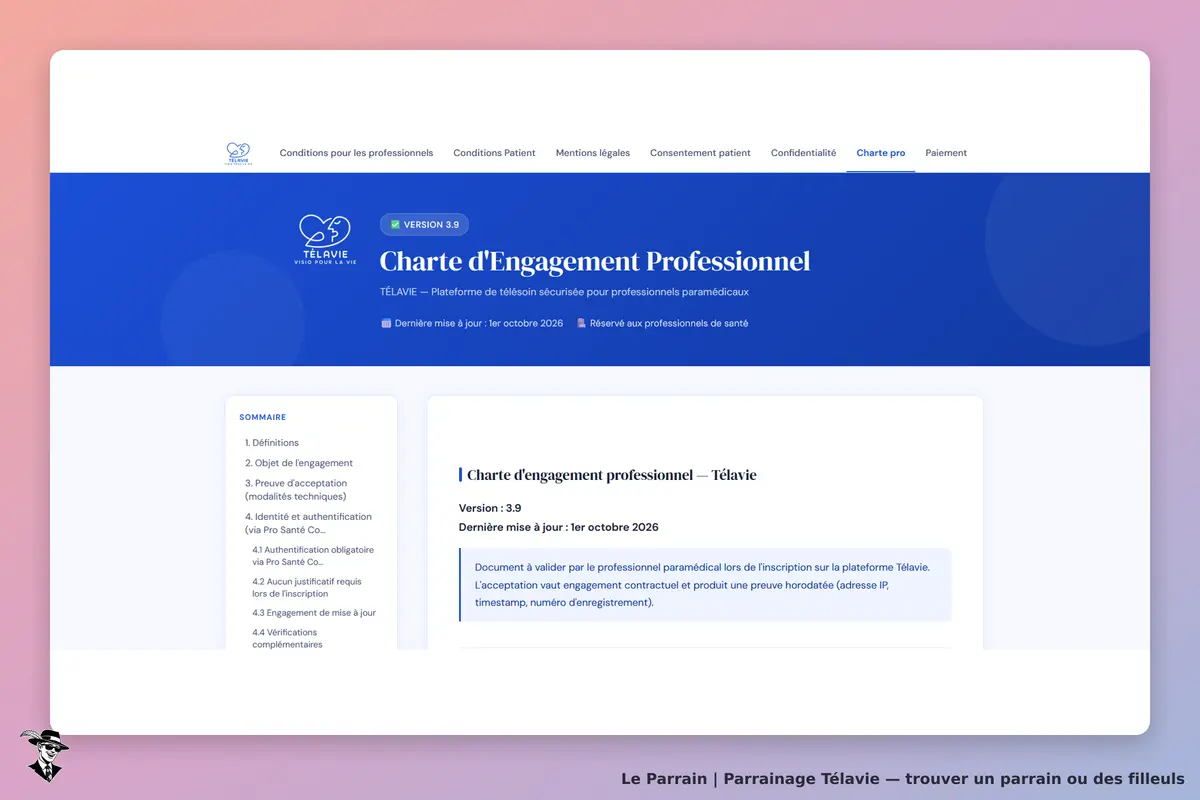 Télavie : page de la charte d'engagement professionnel avec sommaire et informations légales