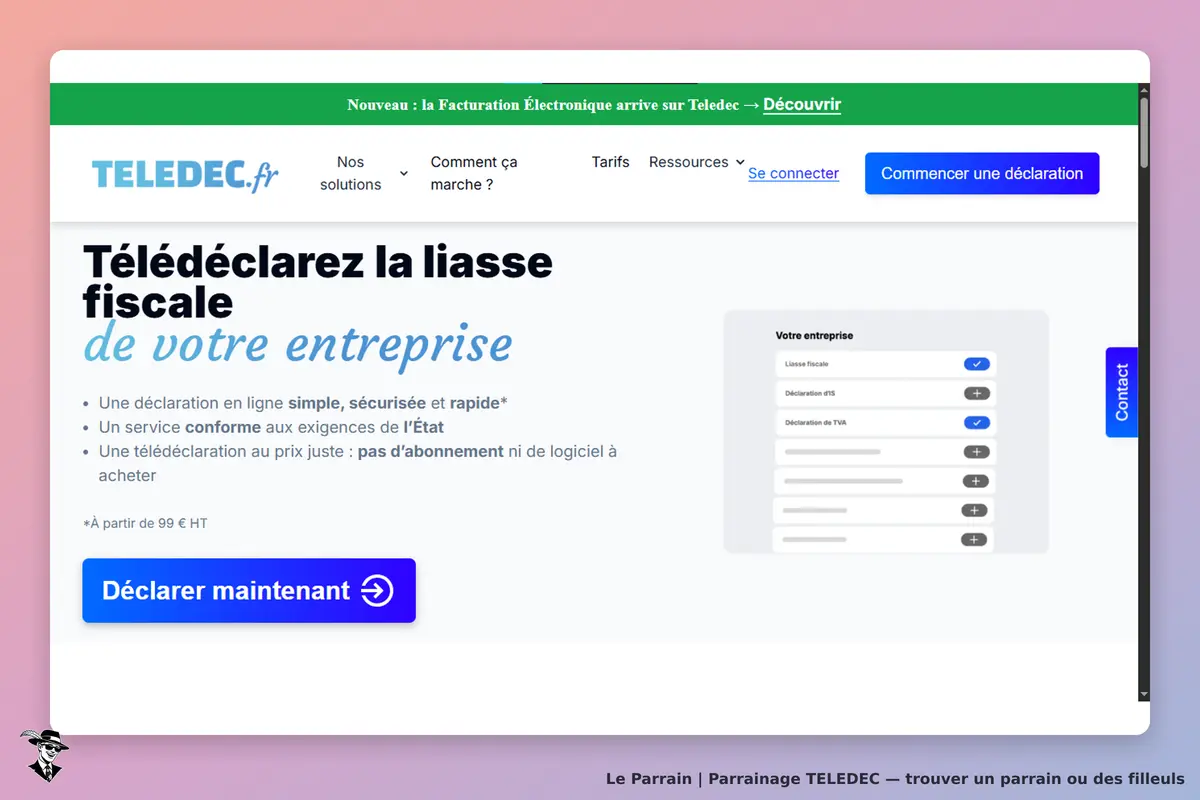 TELEDEC : page d'accueil avec options de déclaration fiscale pour entreprises et bouton d'action