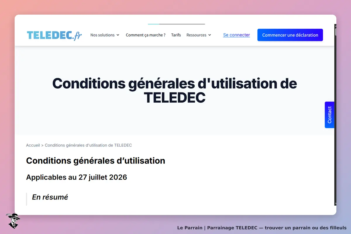 TELEDEC : page des conditions générales d'utilisation avec date d'application indiquée
