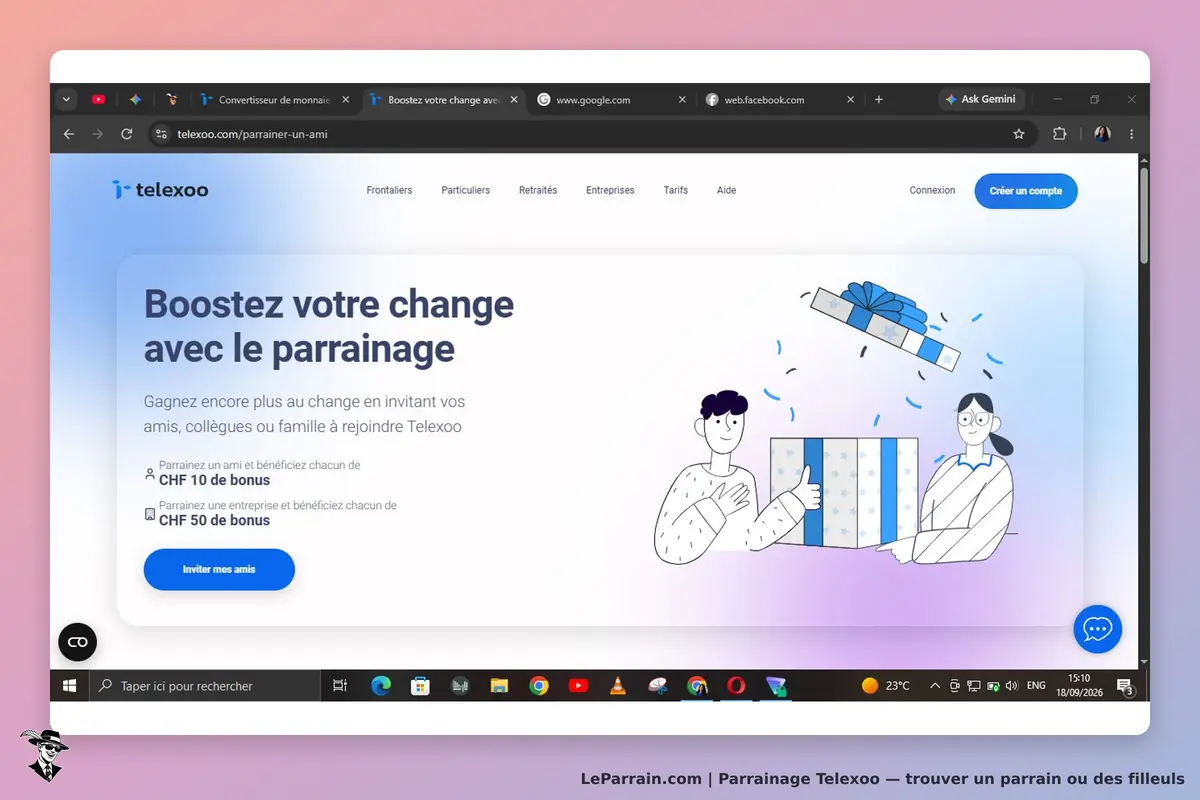 Telexoo : page d'accueil sur le parrainage avec illustrations de cadeaux et texte explicatif