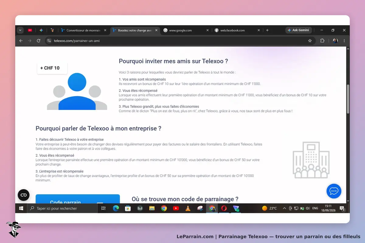 Telexoo : page d'accueil avec explications sur le parrainage et les avantages associés