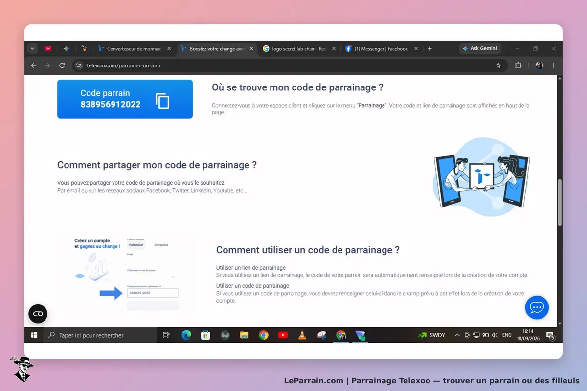 Telexoo : page d'accueil avec code de parrainage et instructions pour le partager