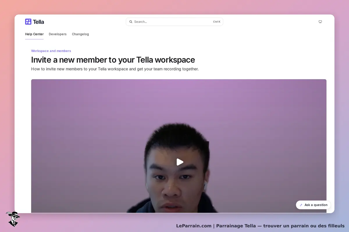 Tella : invitation à ajouter un nouveau membre avec vidéo explicative sur fond coloré