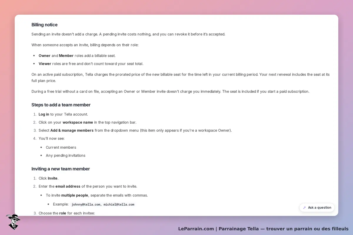 Tella : notice de facturation et étapes pour ajouter un membre d'équipe sur la plateforme