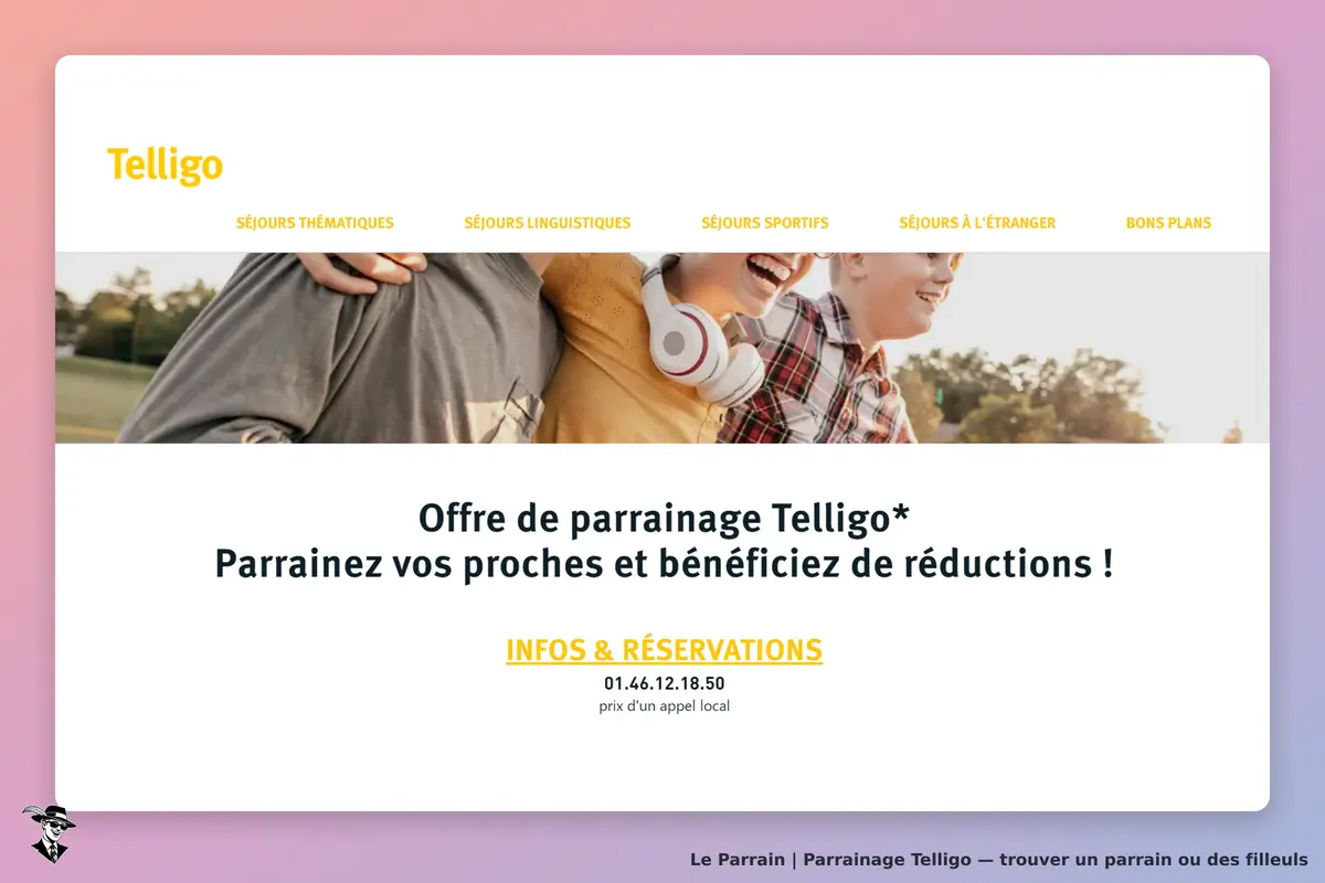Telligo : page d'accueil avec enfants souriants et texte sur le parrainage