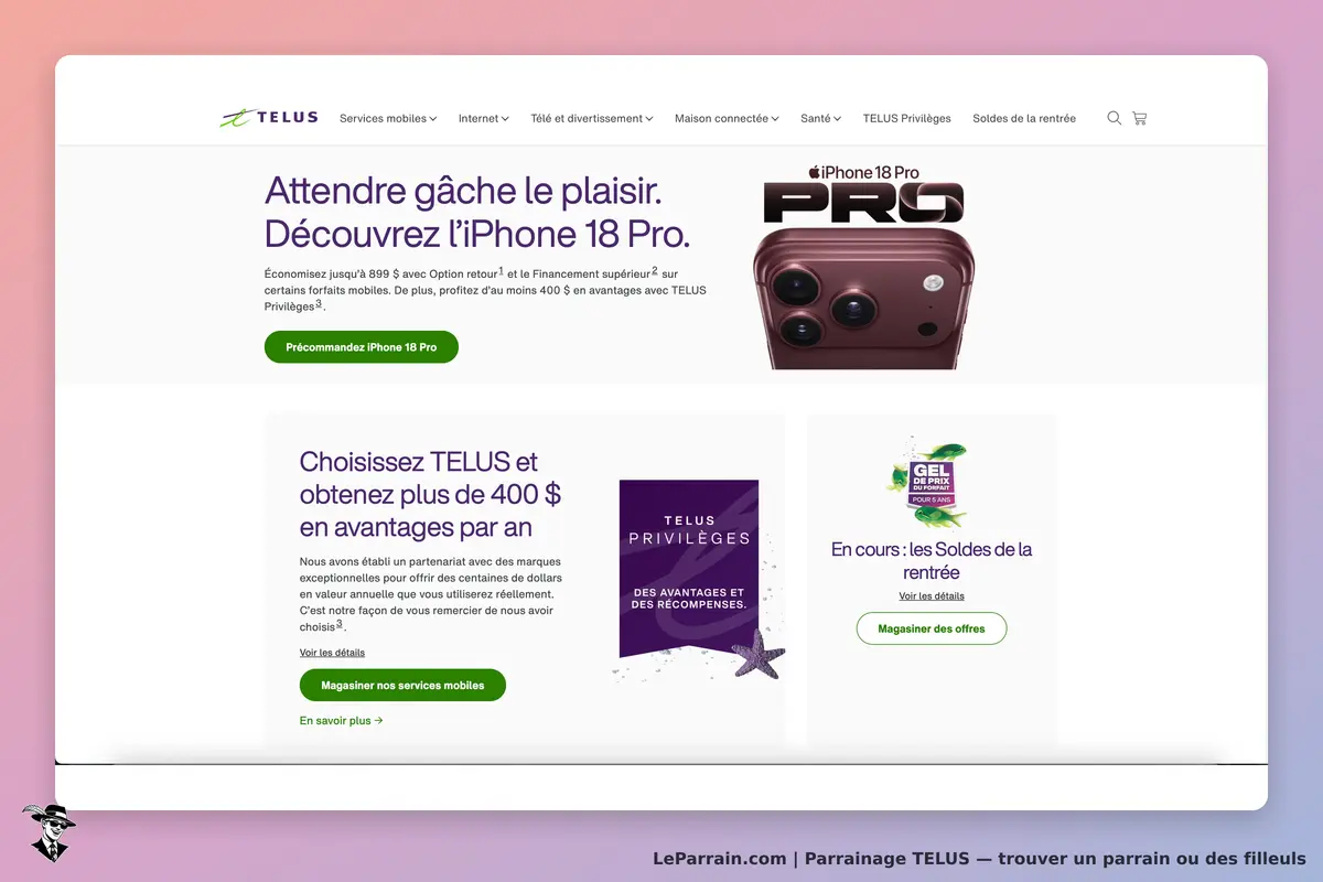 TELUS : page d'accueil présentant l'iPhone 18 Pro et des avantages pour les clients