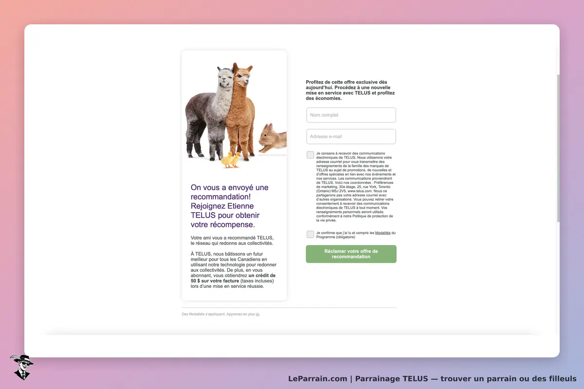 TELUS : page de recommandation avec des animaux et un formulaire pour obtenir une récompense