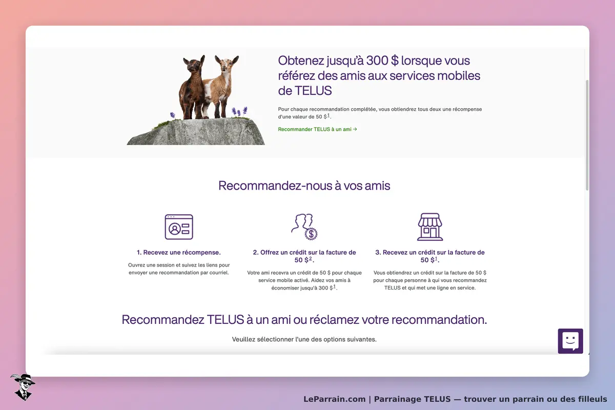 TELUS : page d'accueil avec des chèvres et des étapes pour recommander des amis