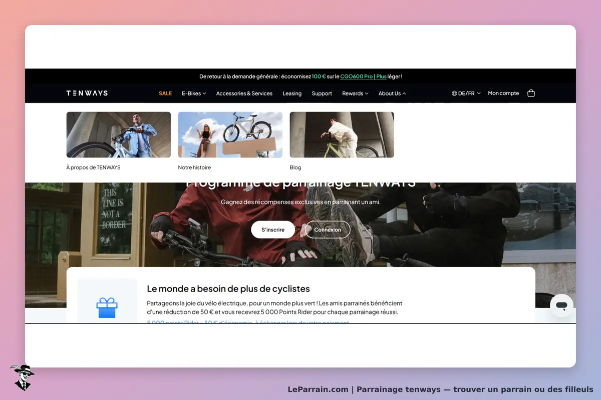TENWAYS : page d'accueil avec images de vélos et informations sur le programme de parrainage
