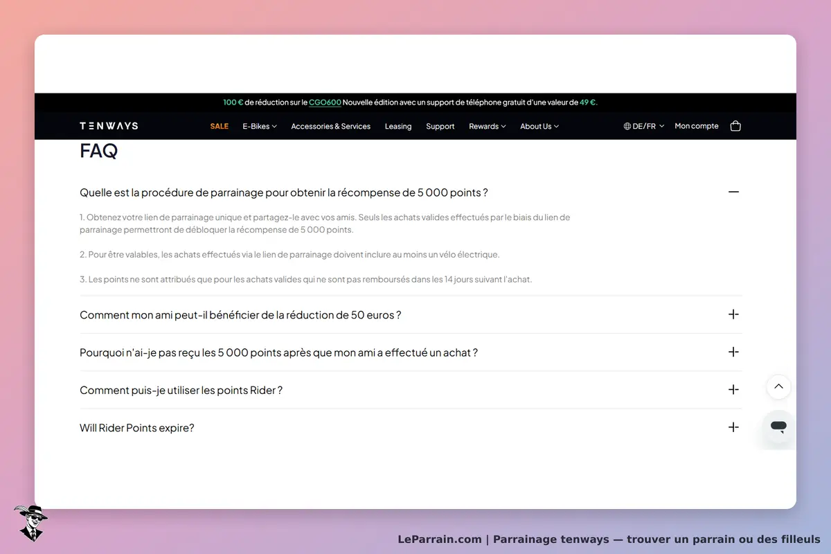 TENWAYS : section FAQ avec questions sur le parrainage et l'utilisation des points Rider