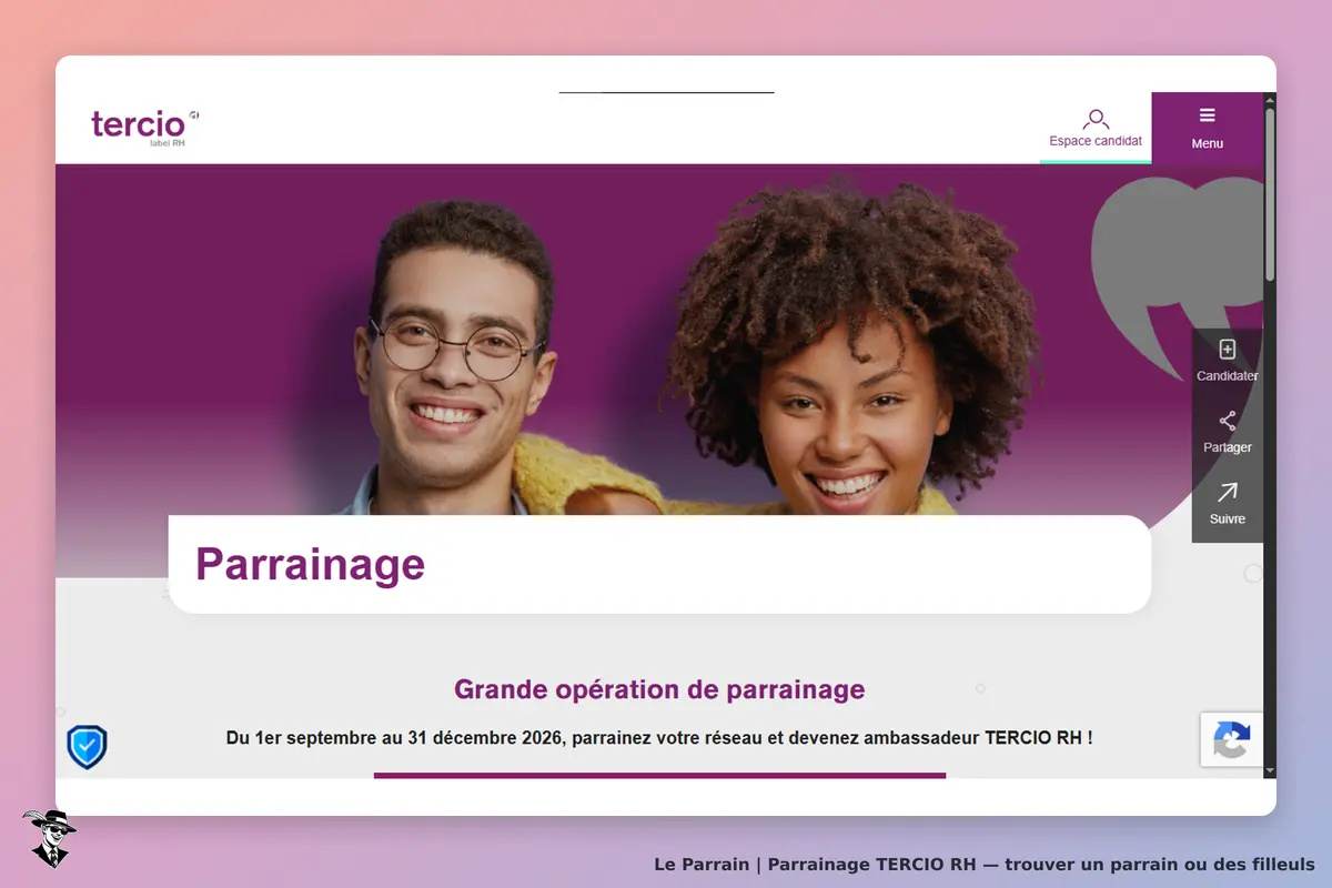 TERCIO RH : page d'accueil avec deux personnes souriantes et un encadré sur le parrainage
