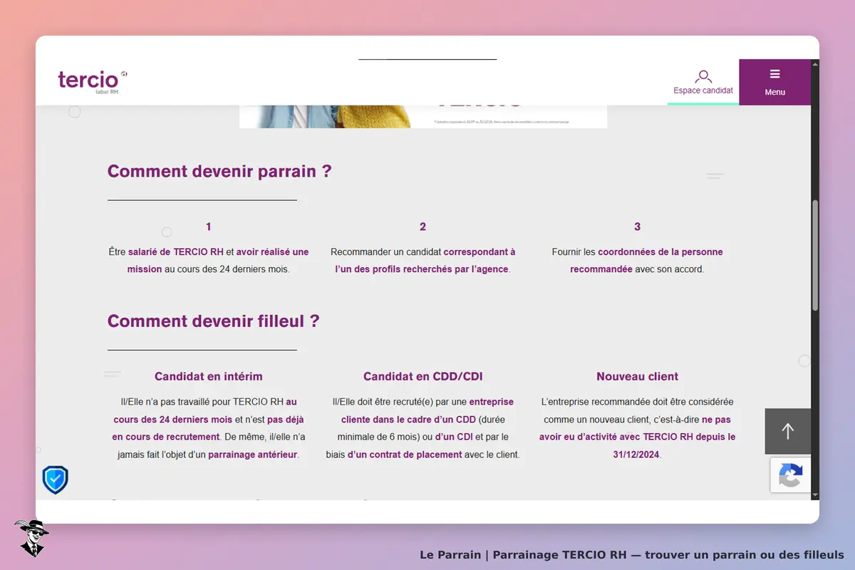 tercio : page d'accueil présentant les étapes pour devenir parrain et fillule chez TERCIO RH