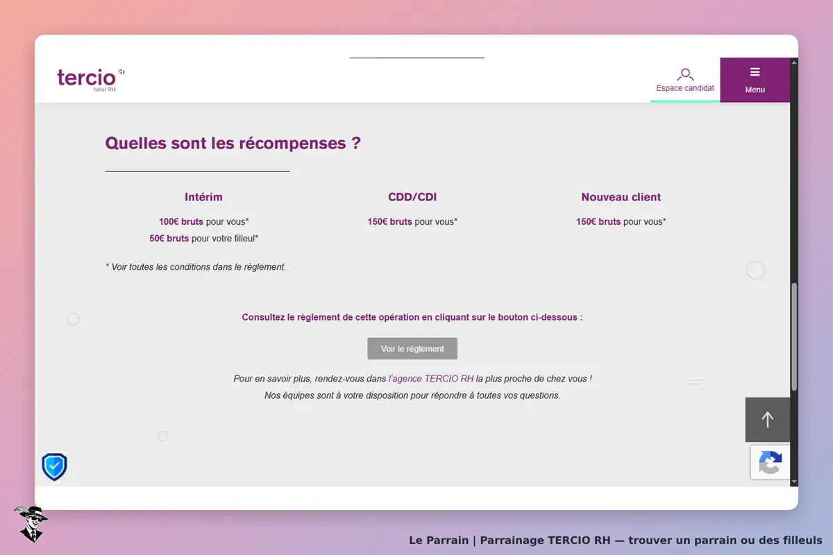 TERCIO RH : tercio : page présentant les récompenses de parrainage pour intérim, CDD/CDI et nouveau