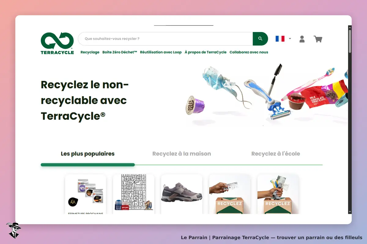 TerraCycle : page d'accueil avec des objets recyclables et options de recyclage à la maison et à