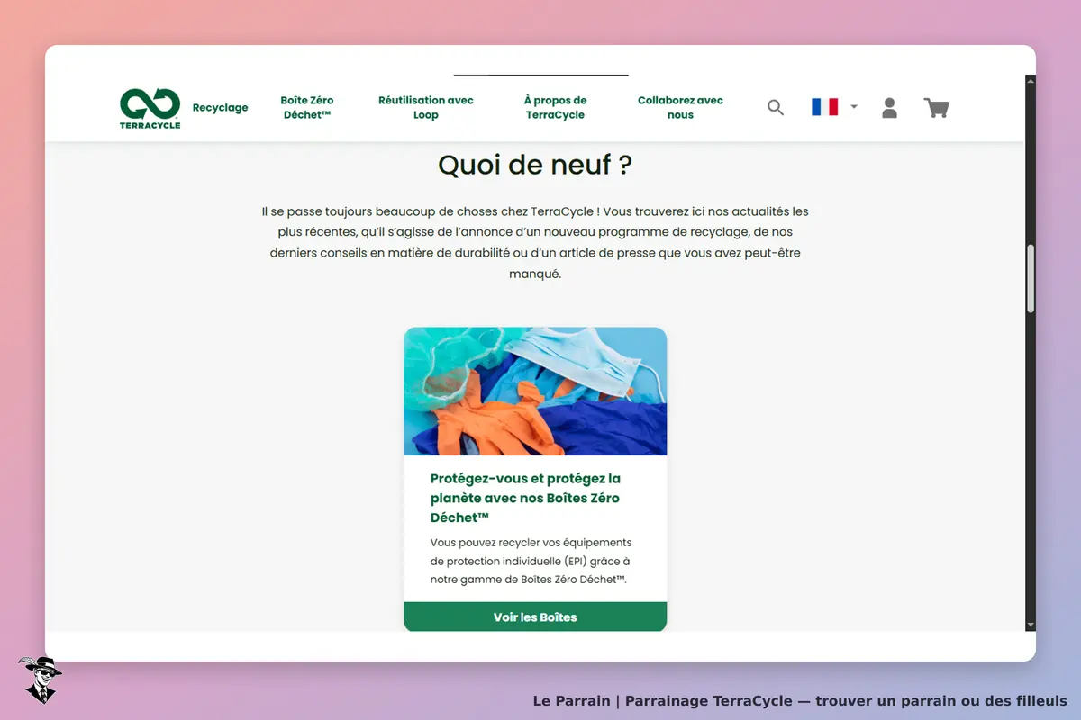 TerraCycle : page d'accueil avec un encadré sur le recyclage des équipements de protection