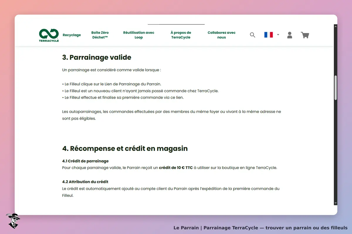 TerraCycle : section sur le parrainage et les récompenses sur le site