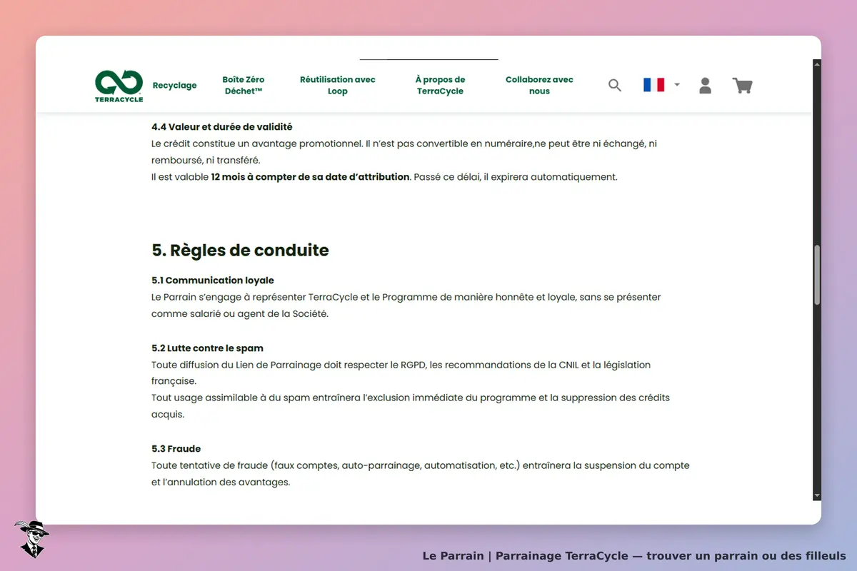 TerraCycle : section des règles de conduite avec des engagements et directives pour les parrains