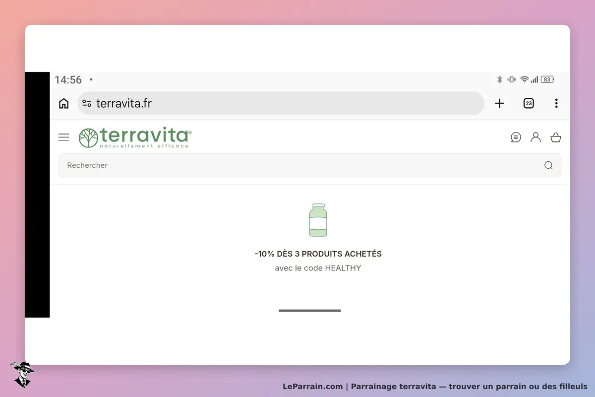terravita : page d'accueil avec logo et message promotionnel sur les produits