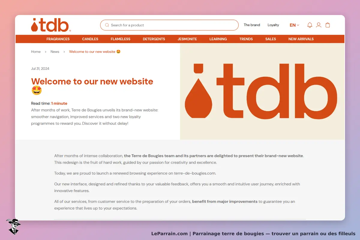 terre de bougies : page d'accueil présentant le nouveau site avec un message de bienvenue