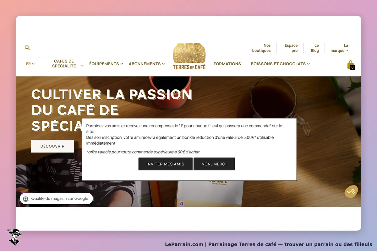 Terres de Café : page d'accueil avec un message sur le parrainage et des tasses de café