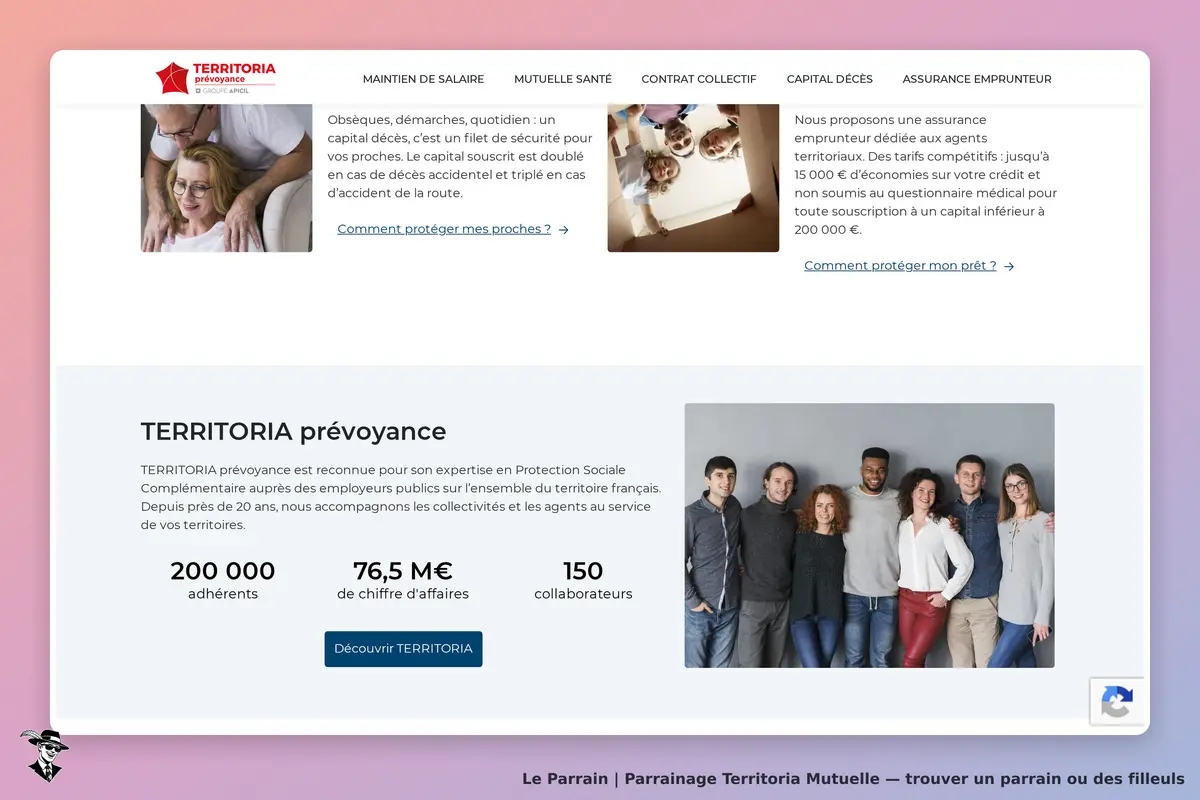 Territoria Mutuelle : page d'accueil présentant des services de prévoyance et une équipe