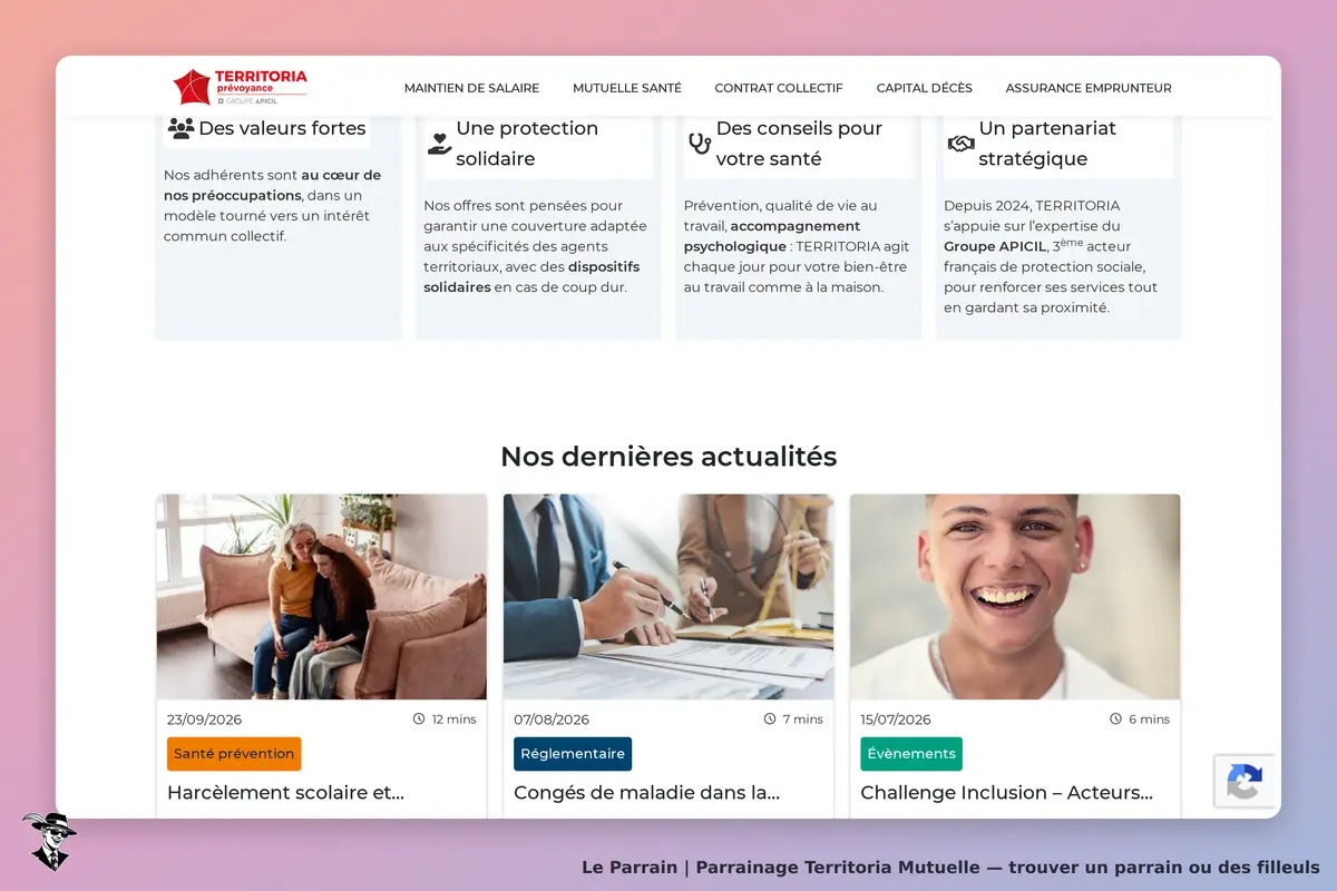 Territoria Mutuelle : page d'accueil présentant des valeurs, conseils et actualités récentes