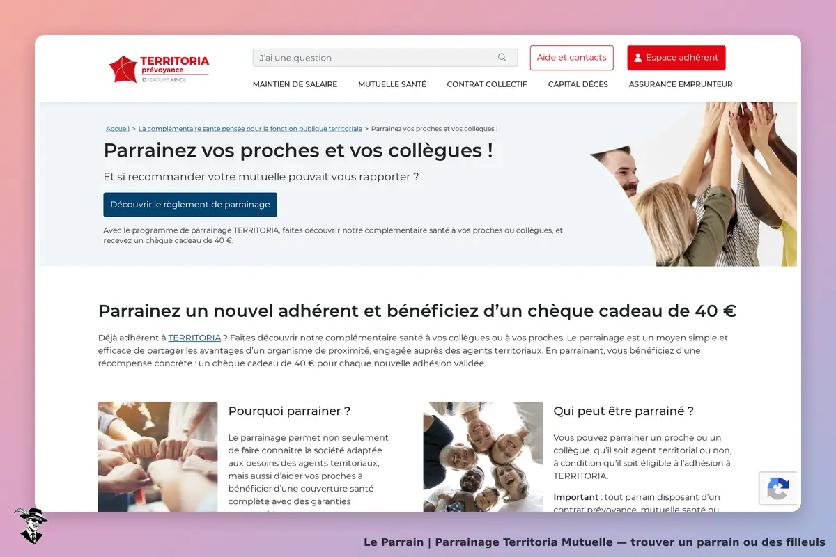 Territoria Mutuelle : page d'accueil avec informations sur le parrainage et images de groupes