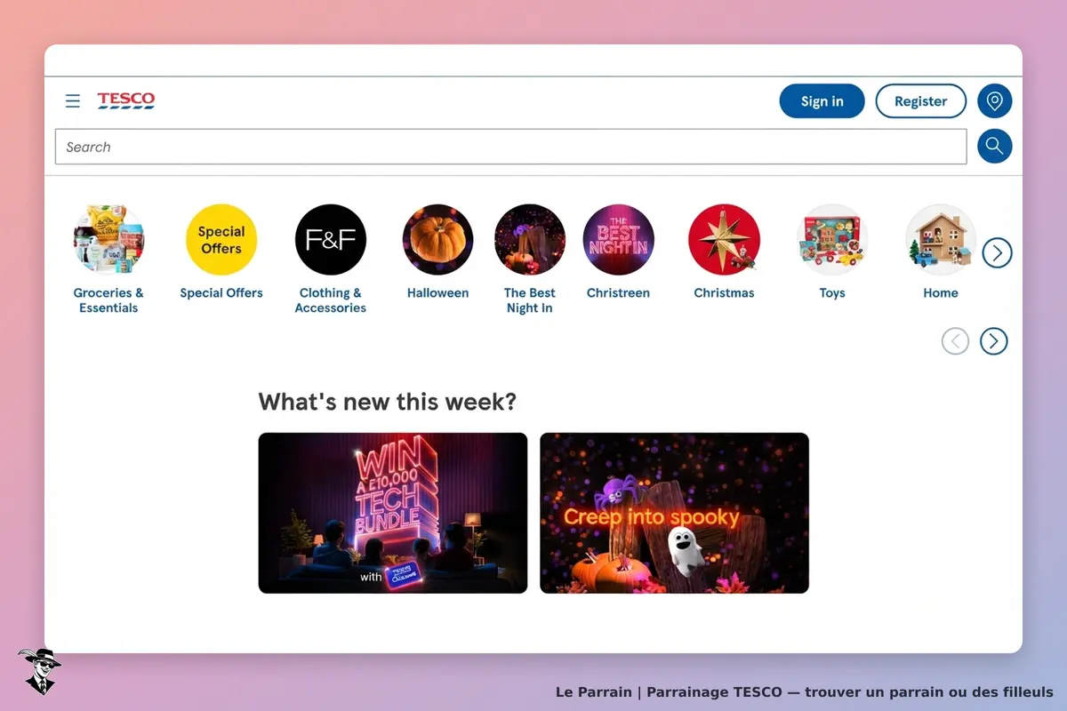 TESCO : page d'accueil avec catégories de produits et promotions, section nouveautés de la semaine