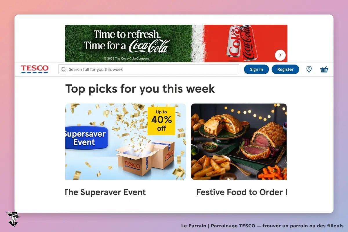 TESCO : page d'accueil avec des promotions sur des événements et des plats festifs