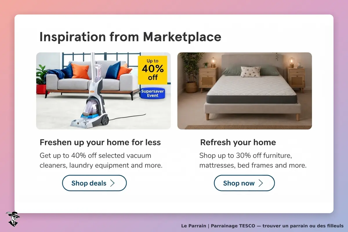 TESCO : section inspirante avec un aspirateur et un lit, promotions affichées sur la page