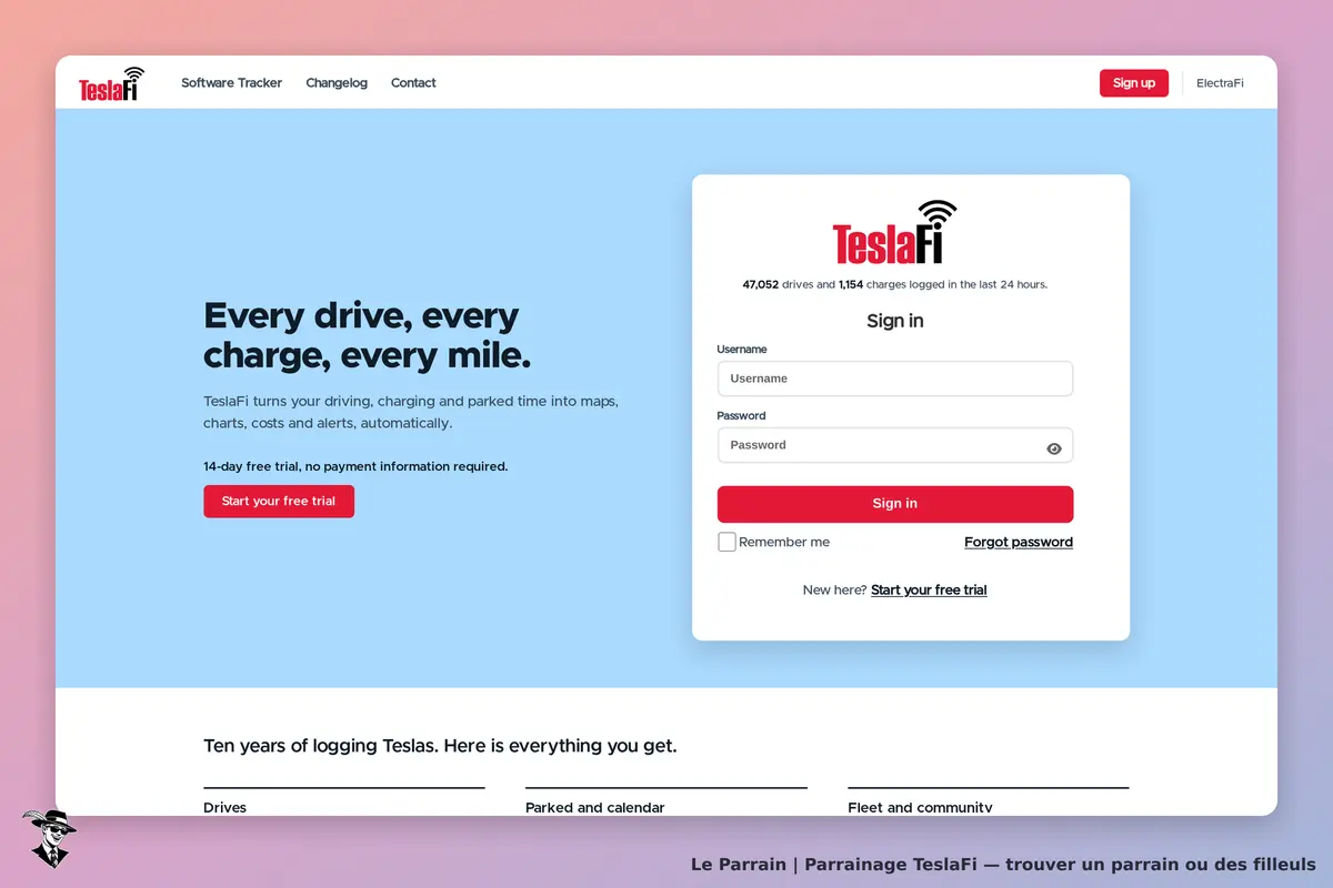 TeslaFi : page d'accueil avec formulaire de connexion et options de démarrage d'essai gratuit
