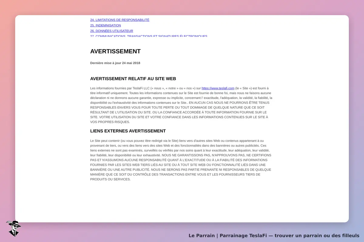 TeslaFi : avertissement relatif au site avec mentions légales et liens externes