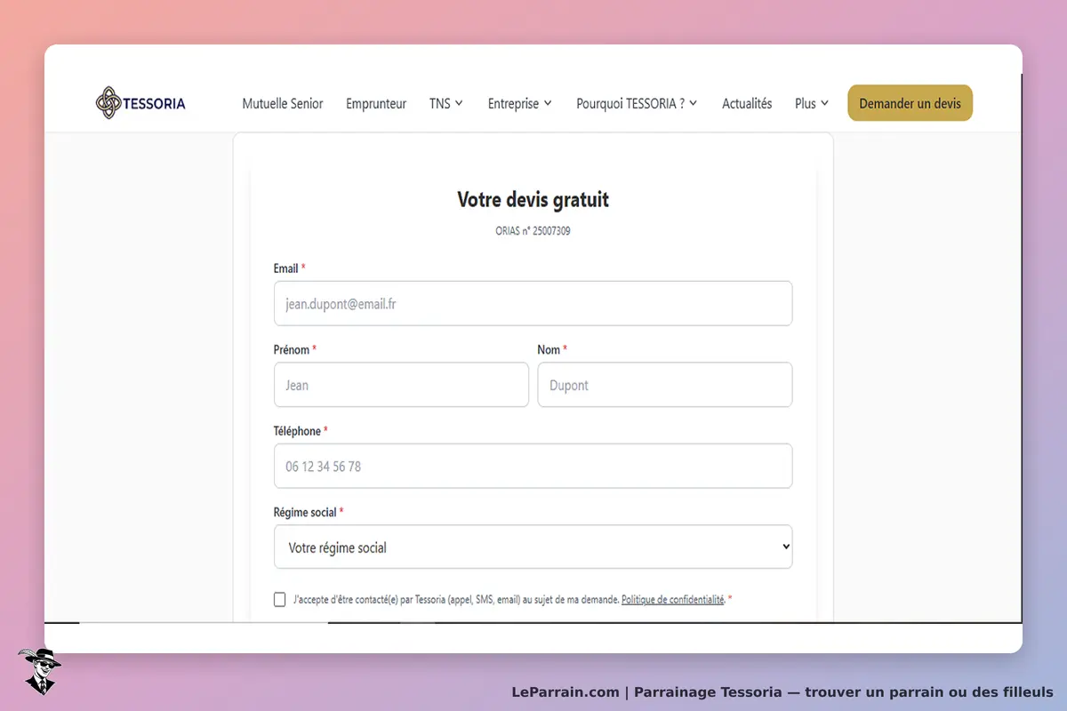 Tessoria : formulaire de demande de devis avec champs pour email, prénom, nom et téléphone