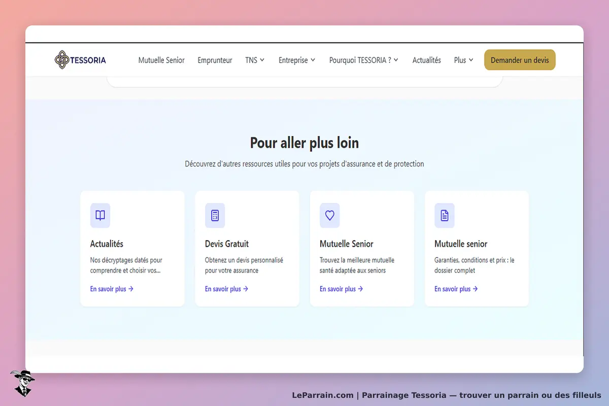 Tessoria : page d'accueil avec quatre sections sur des ressources d'assurance et de protection