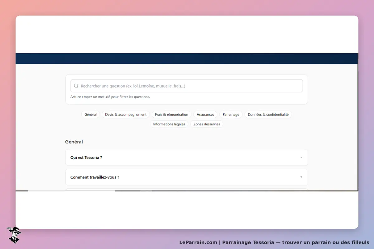 Tessoria : page d'accueil avec barre de recherche et questions fréquentes affichées