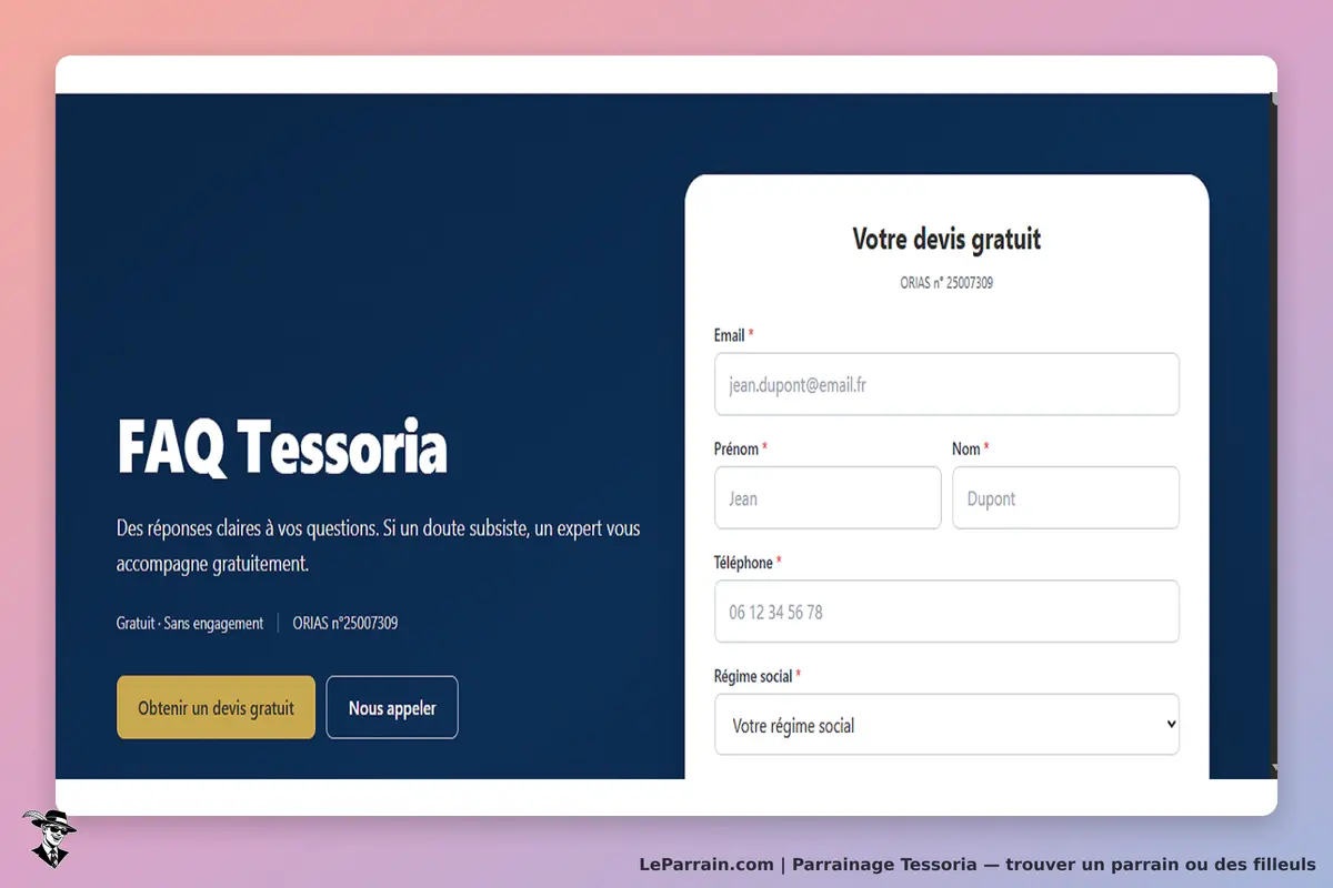 Tessoria : page FAQ avec formulaire de demande de devis gratuit et informations de contact