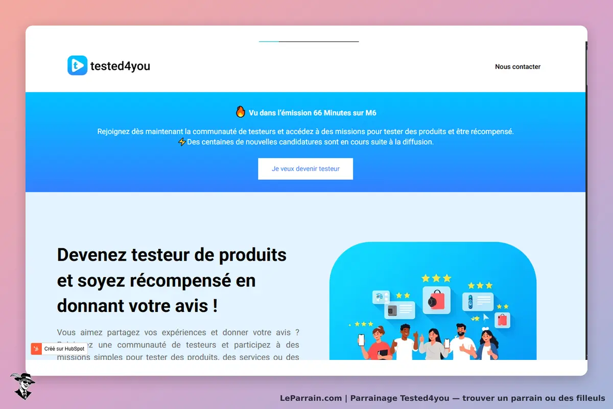 Tested4you : page d'accueil avec invitation à devenir testeur de produits et illustrations colorées