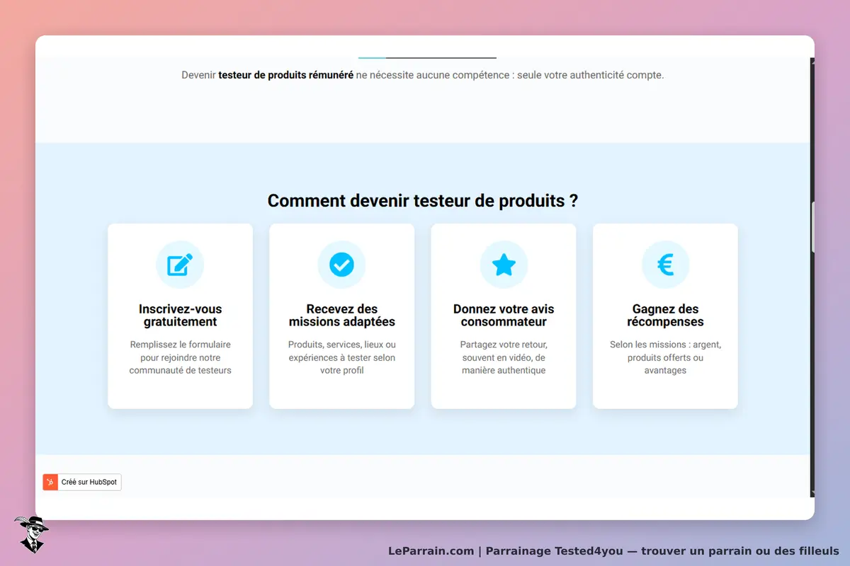 Tested4you : page d'accueil avec étapes pour devenir testeur de produits