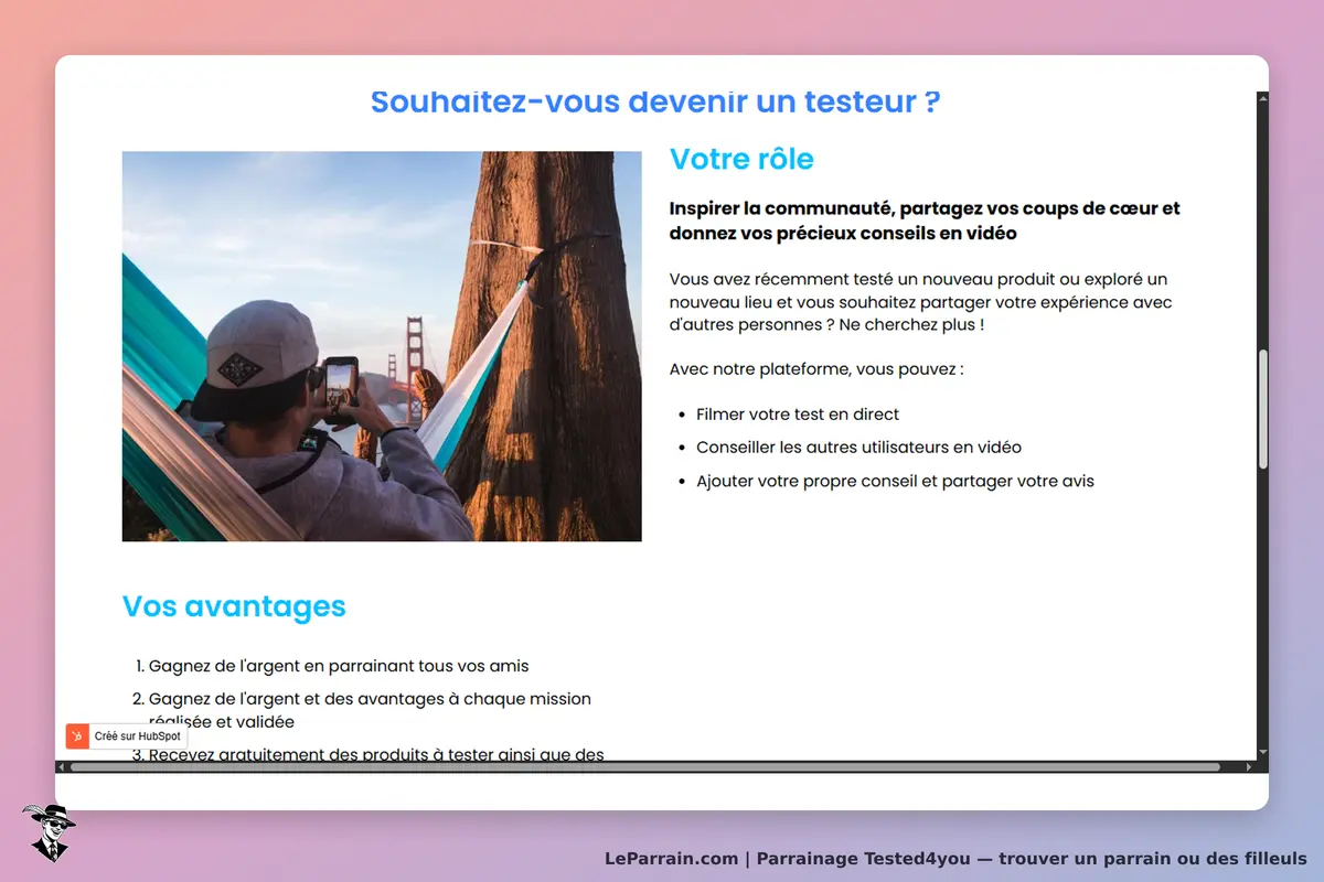 Tested4you : page d'accueil présentant le rôle de testeur et les avantages associés