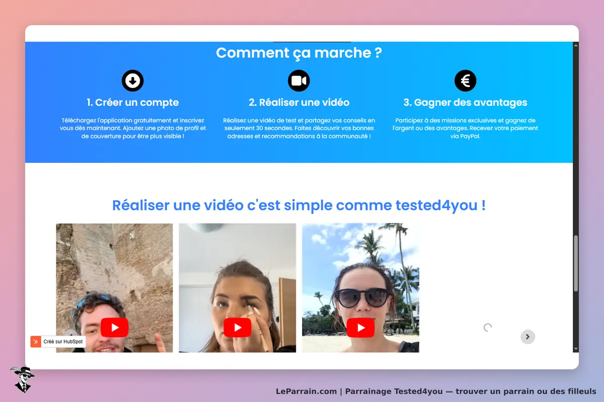 Tested4you : page d'accueil présentant les étapes pour créer un compte et réaliser une vidéo