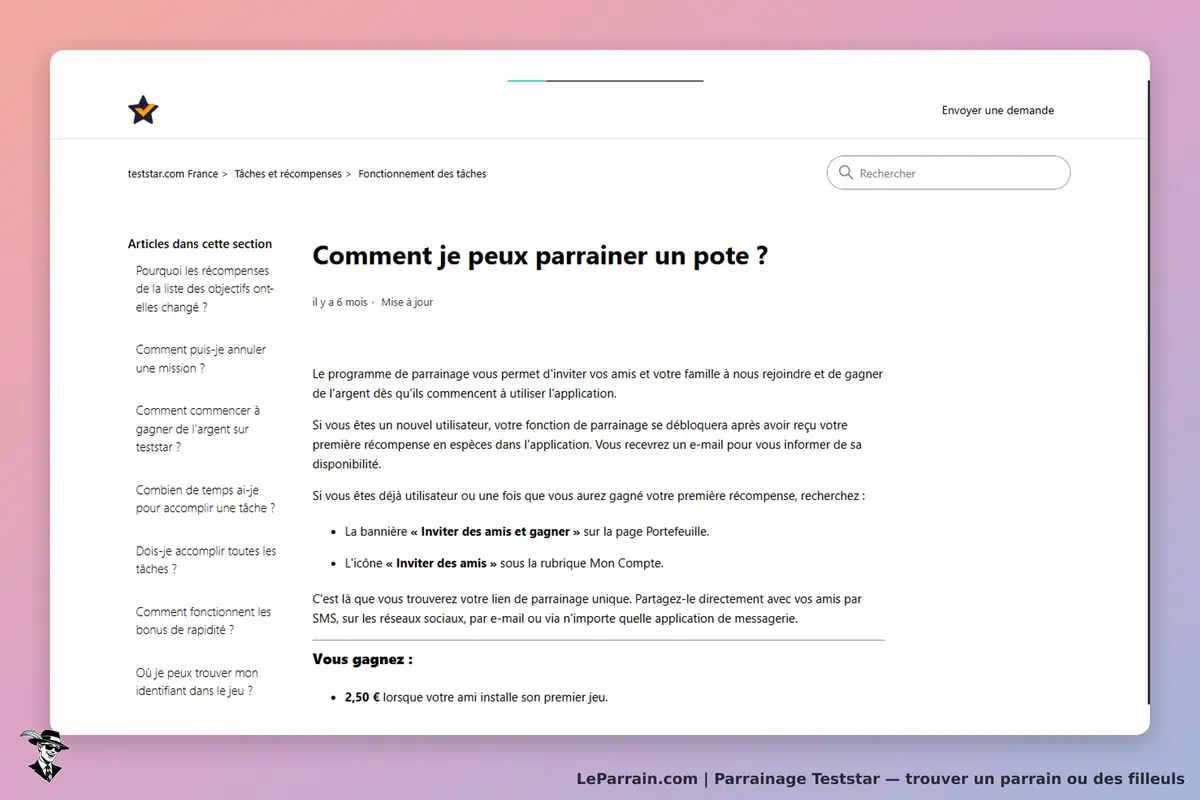 Teststar : page d'aide sur le parrainage et les récompenses avec plusieurs questions fréquentes