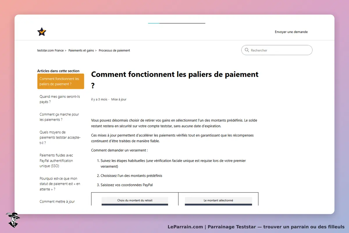 Teststar : page expliquant le fonctionnement des paliers de paiement et des retraits