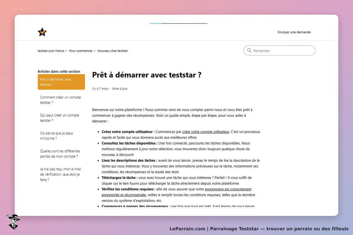 Teststar : page d'accueil avec guide pour démarrer et créer un compte utilisateur