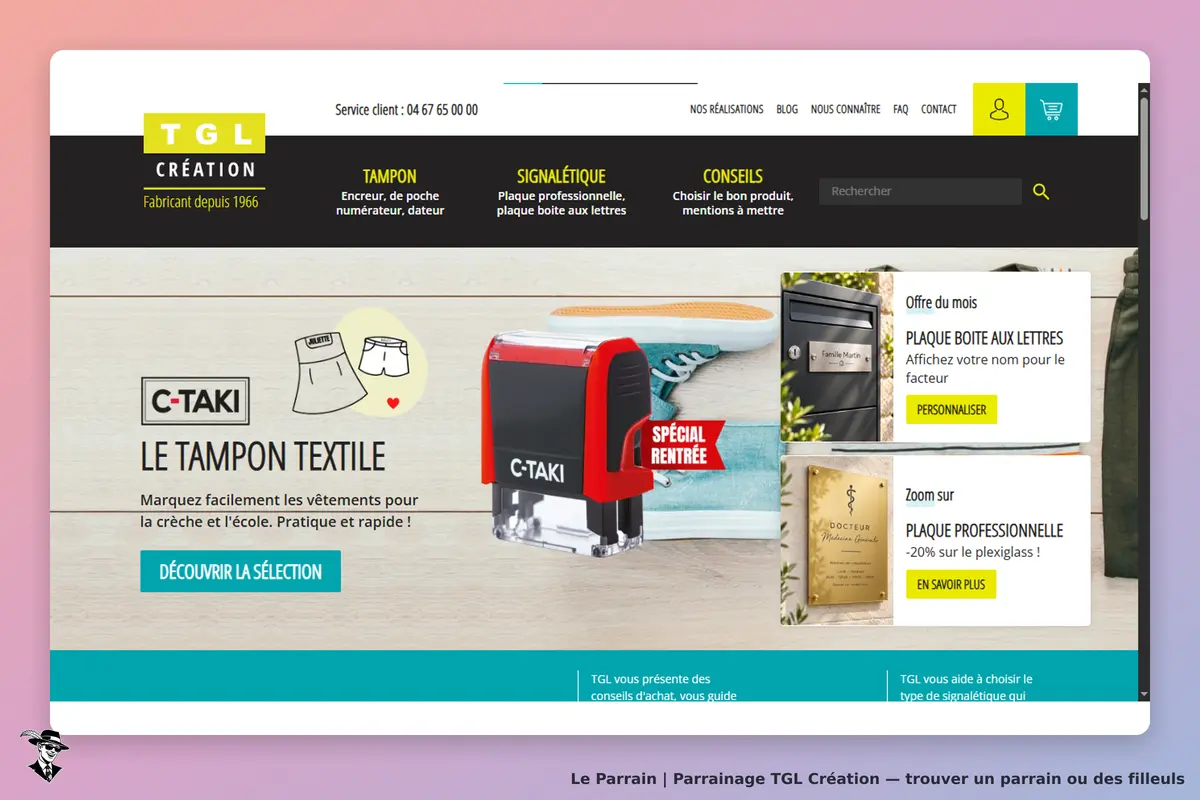 TGL Création : page d'accueil présentant le tampon textile C-TAKI et des produits personnalisables